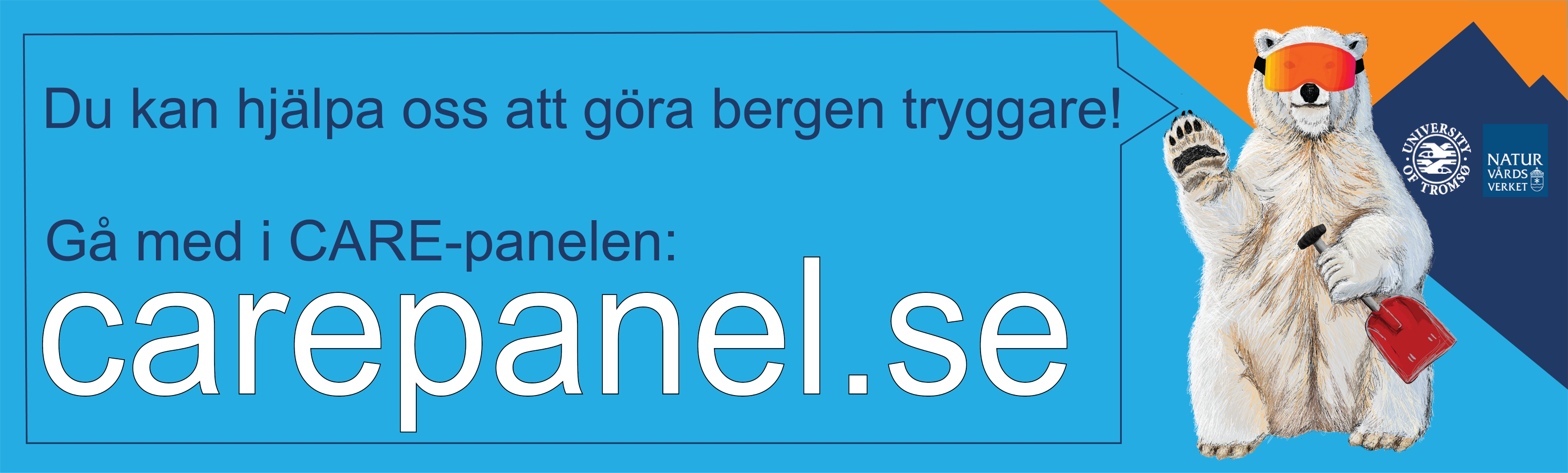 Illustration med en isbjörn som säger: Du kan hjälpa oss att göra bergen tryggare! Gå med i CARE-panelen. Carepanel.se